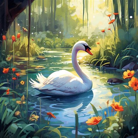 Premium Ai Image Painting Of A Swan In A Pond Surrounded By Flowers