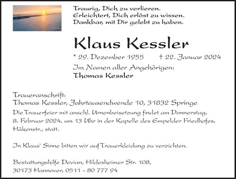 Traueranzeigen Von Klaus Kessler Trauer Anzeigen De