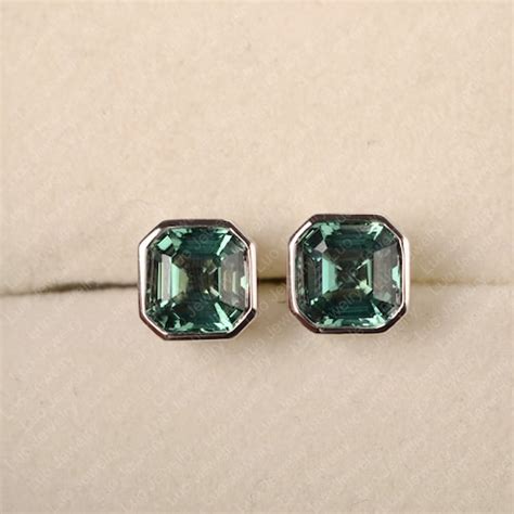 Green Sapphire Stud Earrings Sterling Silver Asscher Cut Etsy