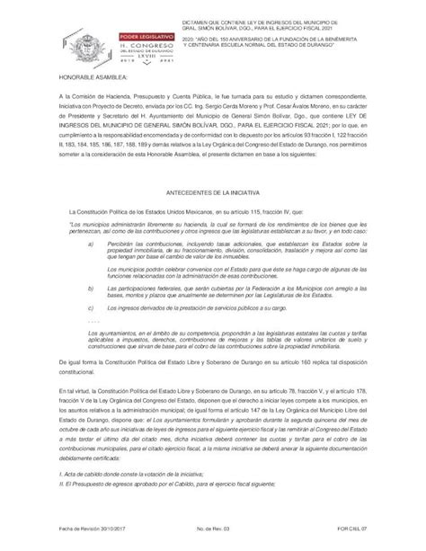 Pdf Ley De Ingresos Del Municipio Decongresodurangogobmxarchivos