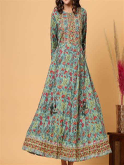 Buy Kaajh Women Green And Pink Ethnic Motifs Printed Cotton Anarkali