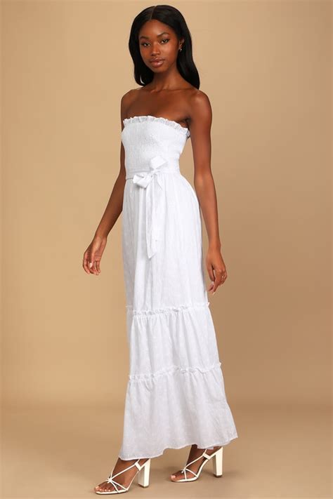 White Maxi Dress Cotton Eyelet Dress Strapless Smocked Dress Lulus