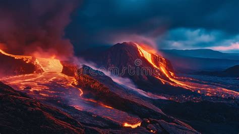 Lava Spurting Out Of Crater And Reddish Illuminated Smoke Cloud Lava