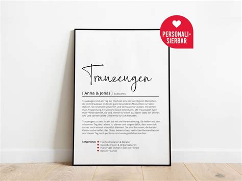 Trauzeugen Definition Personalisiertes Poster Geschenk Trauzeugin