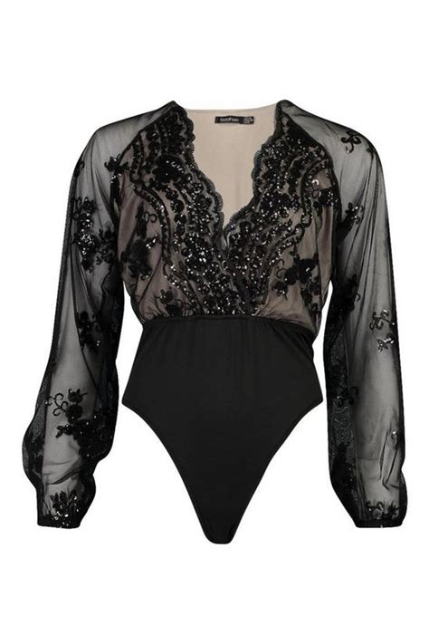 Tops Floral Sequin Plunge Bodysuit Boohoo