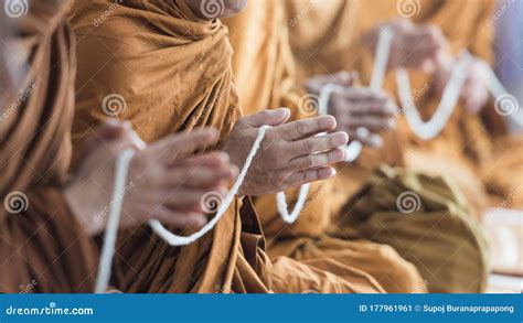 Buddhist Monk Praying Hands In Buddhism Tradition Ceremony Stock Image