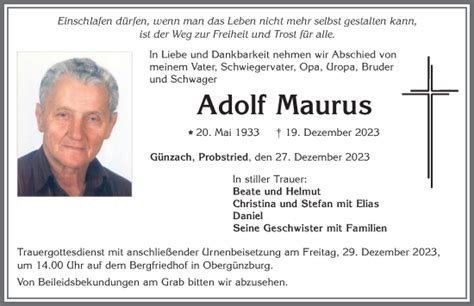 Traueranzeigen Von Adolf Maurus Allg Uer Zeitung