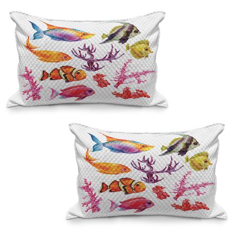 Ocean Quilted Pillowcover Set Of 2 Illustration Of Exotic Fish Seaweed