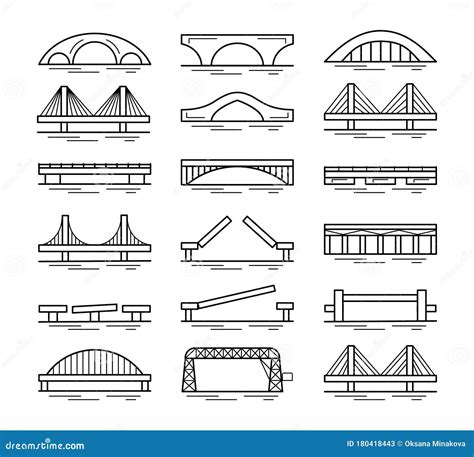 Set of Bridge Line Icons Isolated on White Background. Different Types of Bridges. Various ...