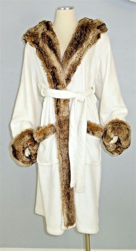 Pottery Barn Ombre Faux Fur Cozy Robe Size Large Ivory Hood Caramel Or Grey Fur Potterybarn