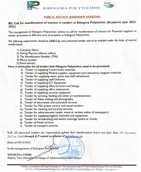 Call for manifestation of interest in Tenders in Kibogora Polytechnic ...