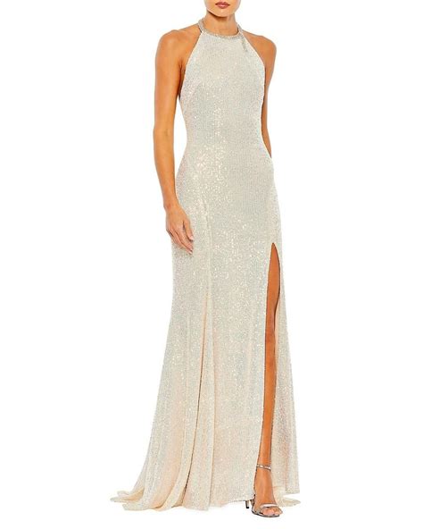 Mac Duggal Ieena Sequin High Neck Rhinestone Trim Column Gown Lyst