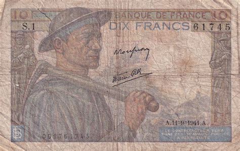 Billet France 10 Francs Mineur 11 09 1941 Série S 1 F 08 01