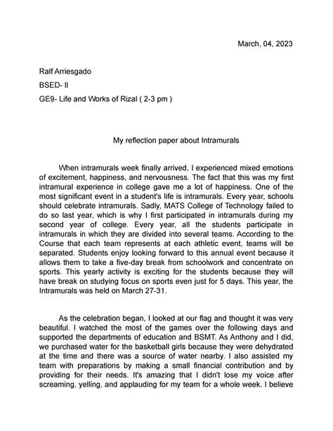 Intramurals Reflection Paper March 04 2023 Ralf Arriesgado BSED Ll