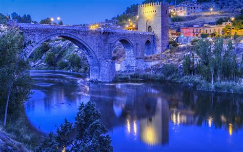 Toledo, River, Evening, 1080P, Lights, Hillside, House, Bridge, Spain ...