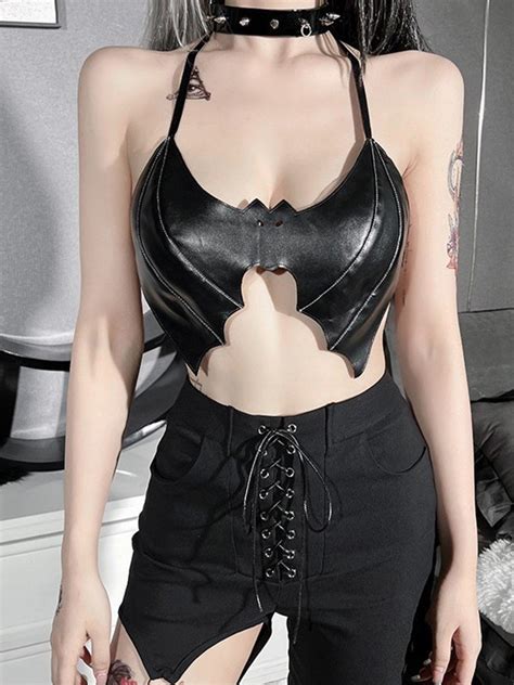 2023 Bat Pu Leather Halter Crop Cami Top Black ONE SIZE In Tank Tops