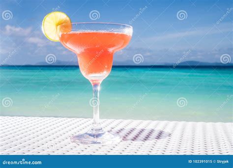 Strawberry Daiquiri Cocktail On The Table At The Beach Restaurant Stock