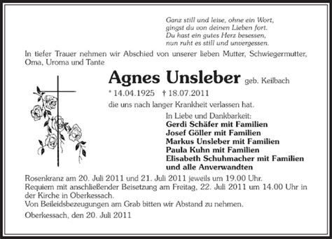 Traueranzeigen Von Agnes Unsleber Trauerundgedenken De