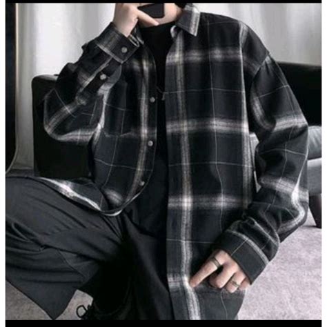 Kemeja Hitam Putih Nudi Men S Flannel Shirt Long Sleeve Black Color