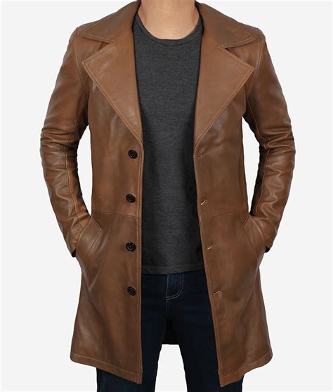 Mens Brown Leather Trench Coat