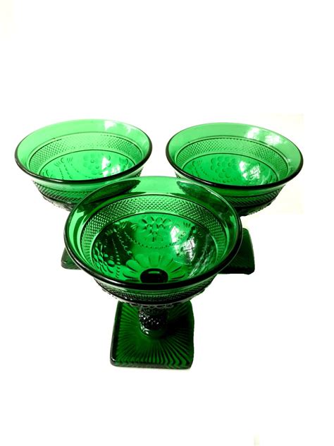 Dark Green Depression Glass Compote Bowls Set Of Three