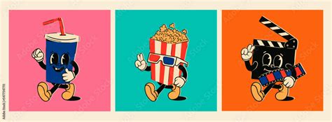 Popcorn, soda drink, clapperboard. Cute cartoon characters with hands ...