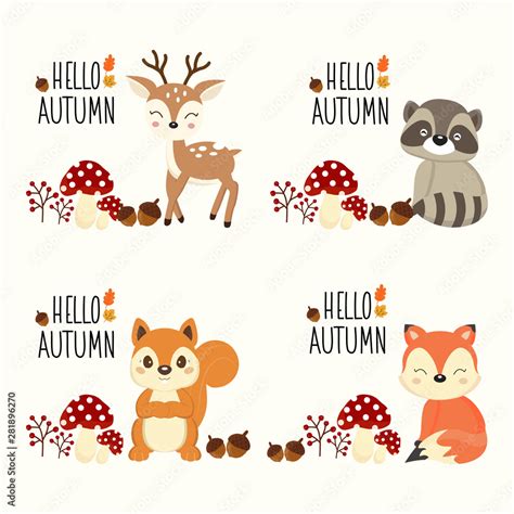 Vector autumn background with cute little animals. Stock Vector | Adobe ...