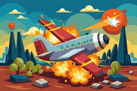 A colorful cartoon shows a plane crash impacting a forested area with explosions and debris ...