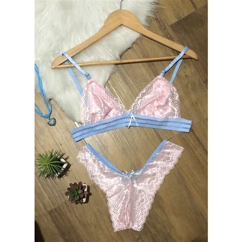 Conjunto Lingerie Sexy Renda Asa Delta Moda Blogueira Shopee Brasil