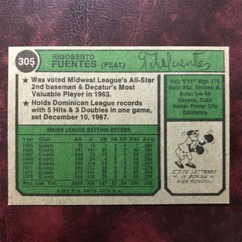 1974 Topps Set TITO FUENTES 305 SAN FRANCISCO GIANTS NR MINT HIGH