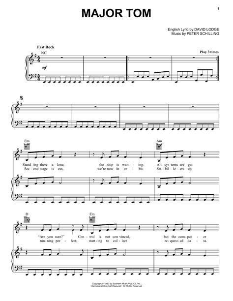 Major Tom Coming Home By Peter Schilling Sheet Music For Piano Vocal