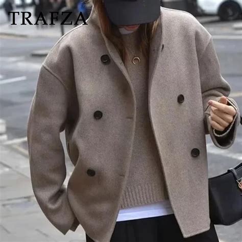 Trafza Autumn Winter Women Casual Solid Woolen Coat Fashion Office