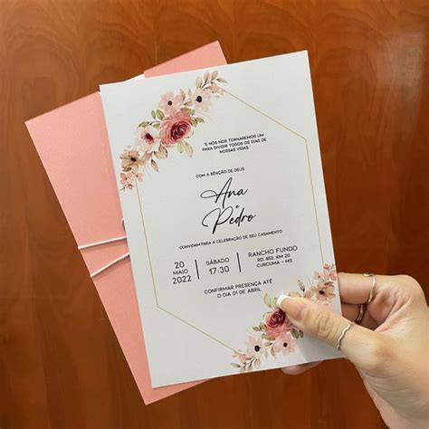 Convite De Casamento Envelope Rose Flores Rosa Elo