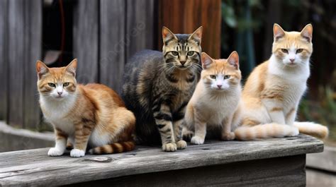 Fondo Cinco Gatos Mirando A La Cámara Sentados En Un Banco Fondo