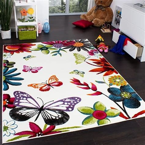 Childrens Rug With Butterfly Design Pink Green Blue Grey Cream 80x150