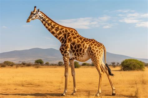 Uma Girafa Na Savana Montanhas Ao Fundo Foto Premium