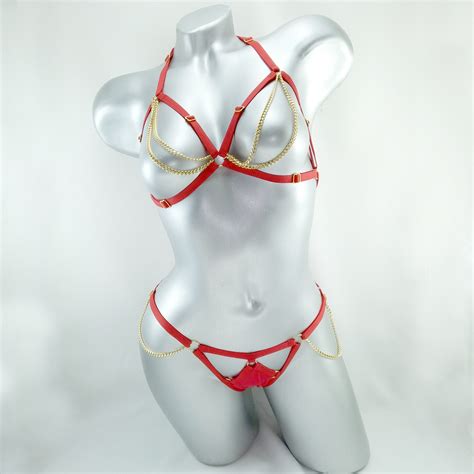 Full Body Harness Lingerie Set Open Panties Cage Bra Strappy Wear Etsy