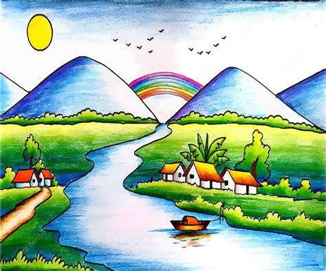 Premium Vector | Children's rainbow landscape painting