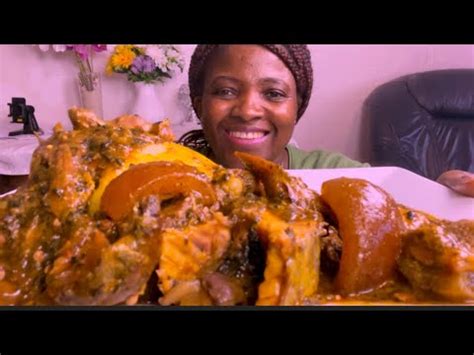 African Food Mukbang Smoked Fish Cow Skin With Vegetable Soup And