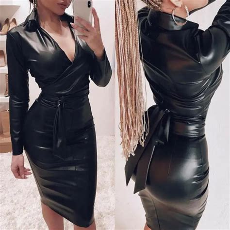 Neue Sexy Frauen Pu Leder Kleider Hohe Elastizit T Mantel Kleid