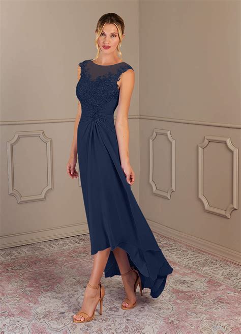 Dark Navy Azazie Endora A Line Scoop Lace Chiffon Asymmetrical Dress