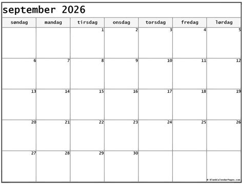 September 2026 Kalender Dansk Kalender September