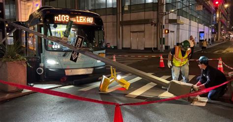 2 Taken To Hospital After MTA Bus Slams Into Light Pole In Midtown