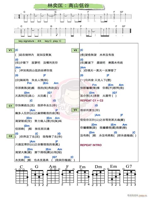 高山低谷尤克里里谱（ C调尤克里里弹唱谱） 林奕匡 歌谱简谱网