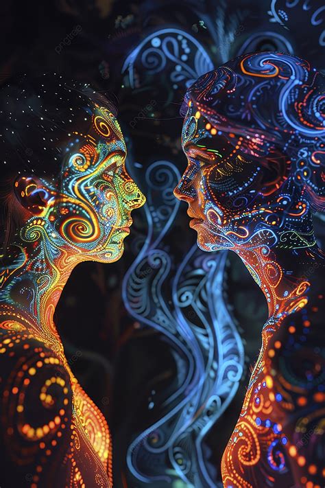 Two People Facing Each Other With Glowing Intricate Swirling Patterns On Black Background