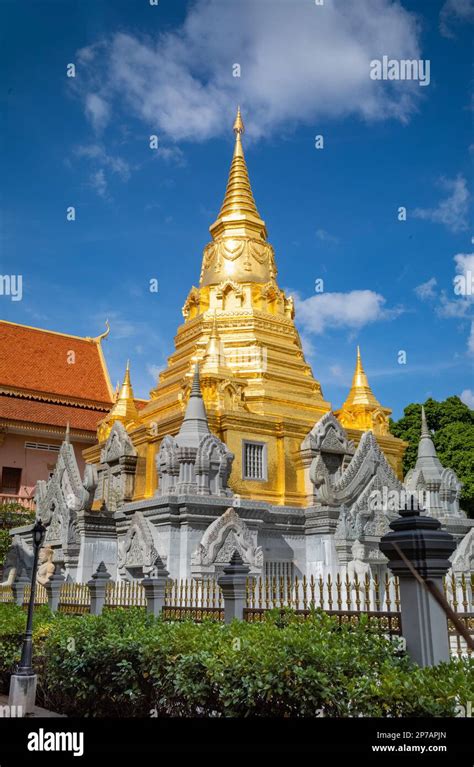 A Golden Stupa At The Saravoan Techo Pagoda In Phnom Penh Cambodia