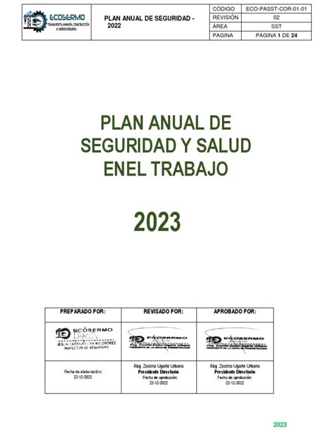 Plan De Seguridad Y Salud En El Trabajo 2023 Pdf Seguridad Y Salud