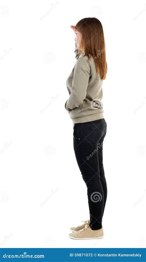 Side View Of Standing Young Beautiful Woman Stock Photo Image Of