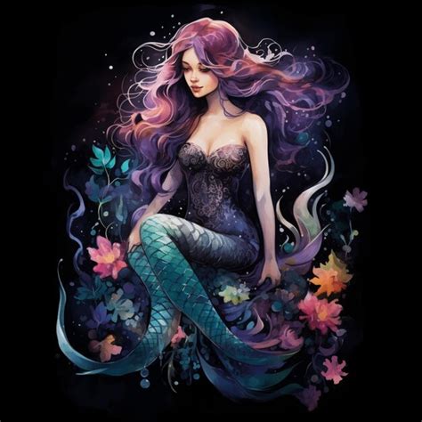 Premium AI Image Mermaid With Long Purple Hair Sitting On A Rock