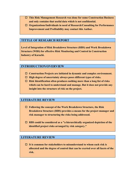 Level Of Integration Of Risk Breakdown Structure Rbs And Work